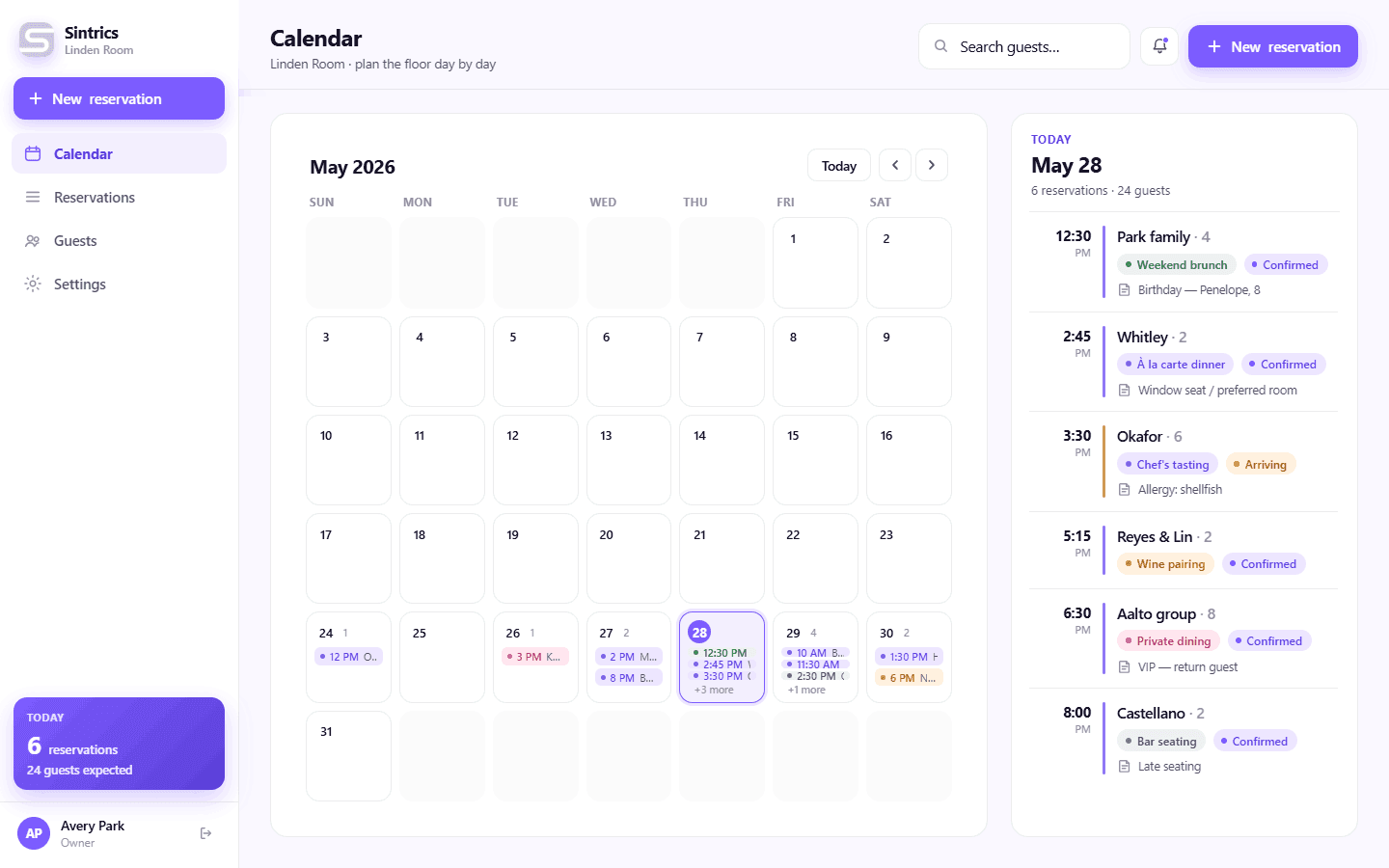 Sintrics web app — calendar
